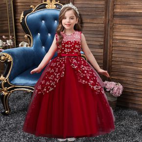 Kid Girl Floral Print Sleeveless Zipper Bowknot Decor Princess Costume Party Tulle Tutu Dress